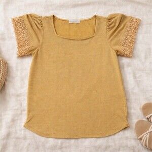 Retrology | Mustard Lace Sleeve Top | Boho Textured Knit Blouse Womens S